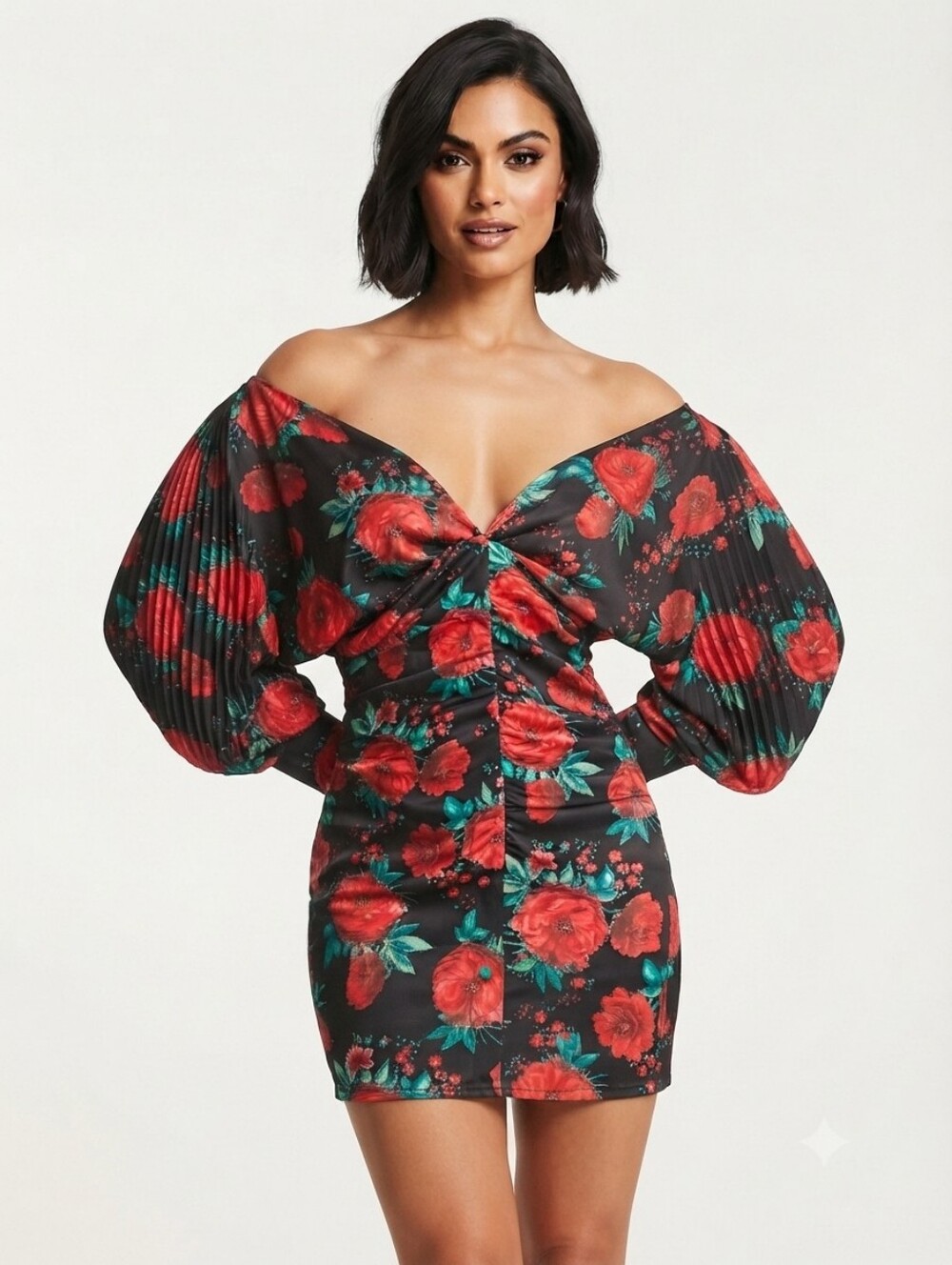 Black Floral Midi Dress with Red Roses
